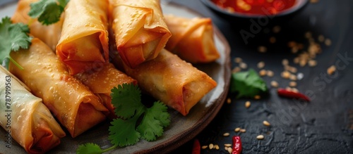 Fried duck spring rolls accompanied by soy sauce and sweet chili dip. photo