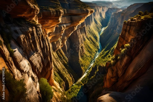 A panoramic canyon view, where shadows play on the rocks under the intense summer light.