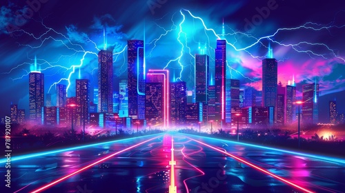 An urban landscape with a street view skyscraper and a futuristic highway track. The sky is dark and a thunderbolt discharge trail is visible in the sky.