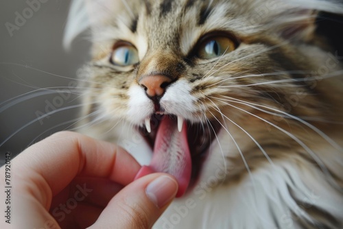 Siberian tomcat licking food from human finger with barbed tongue in close up portrait