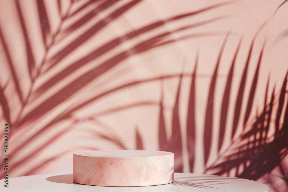 Simple background with palm leaf shadow presenting beauty product on premium podium against pastel peach wall Display case on white table Front view mockup Simple background with palm leaf shadow presenting beauty product on premium podium against pastel peach wall Display case on white table Front view mockup