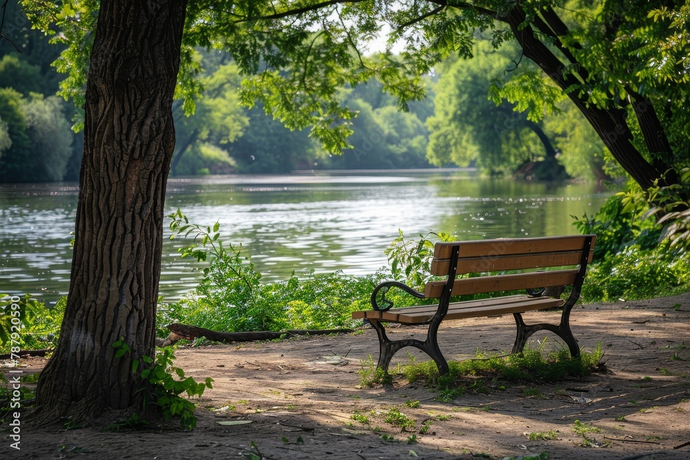Sit on a riverbank bench in summer