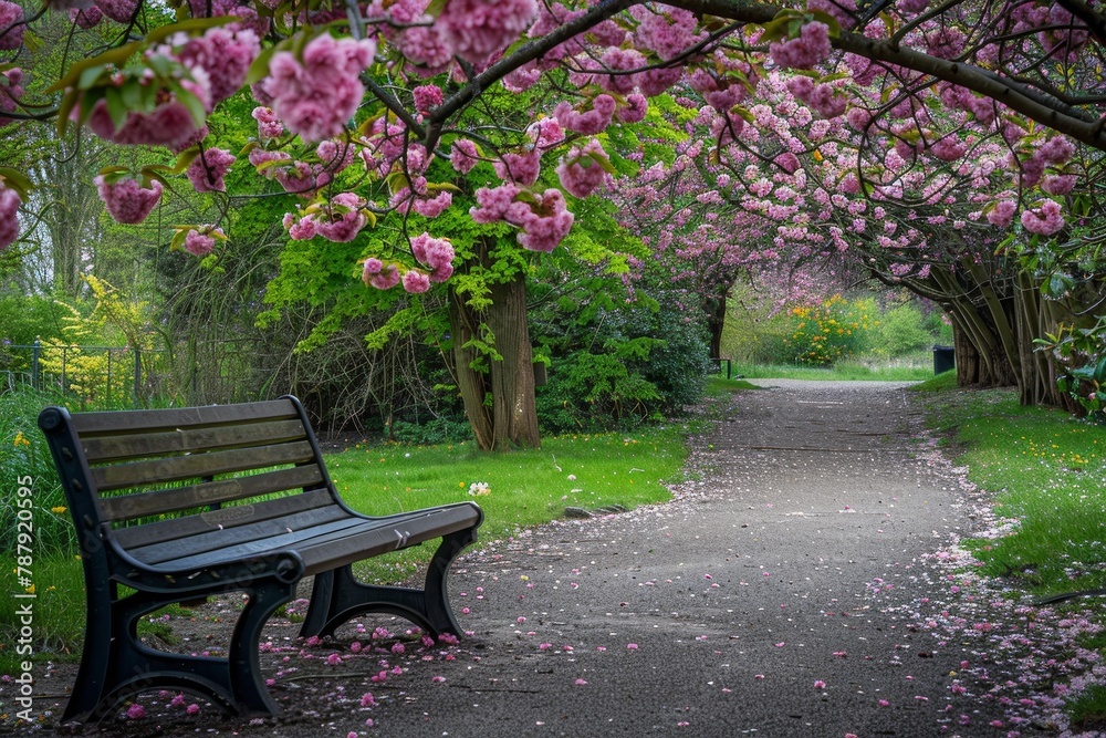 Sit on bench under pink blossoms in Greenwich Park London