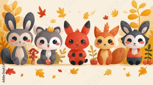 A row of cute woodland animals including a bunny, raccoon, fox, squirrel, and bear in a fall setting with autumn leaves.