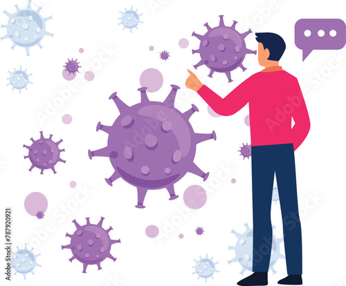The boy is pointing at the viral germs.