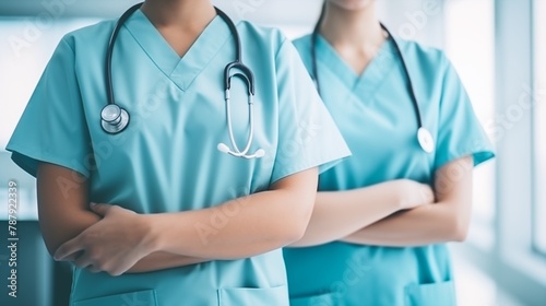 Two hospital staffs  surgeon, doctor or nurse standing with arms crossed and with stethoscope, hospital background, doctor staff service concept, healthcare concept.  photo