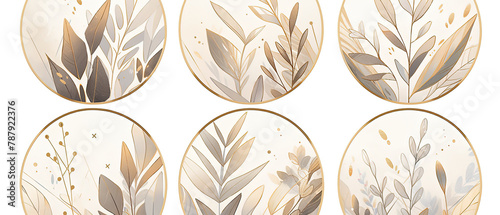 four oval paintings of leaves and flowers in gold frames
