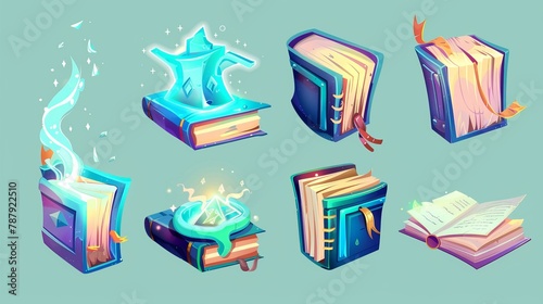 Game icons of fairytale wizard or witch grimoires with fantasy covers, bookmarks, and mystery lights. Modern cartoon illustration.