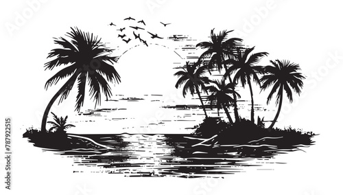 Summer illustration, palm tree, sea, sun, hand drawn style 