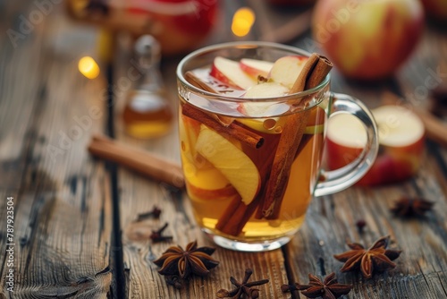 Spiced apple tea with honey cinnamon and cloves Warm autumn beverage in a cozy home setting