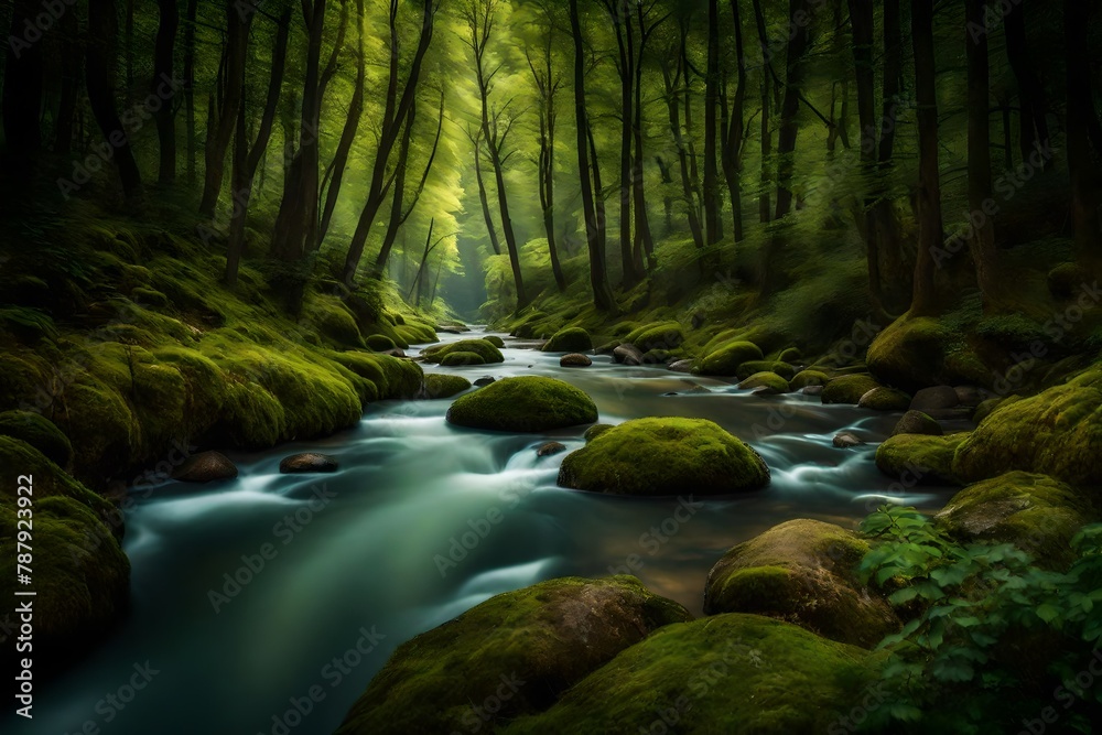 Obraz premium A river weaving through a panoramic forest, a cool refuge in the heart of a summer day.