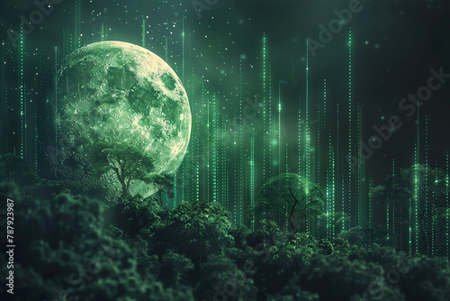 Green data matrix and trees on the moon, digital bar graphs.
