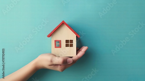 Holding house against blue background, real estate concept.