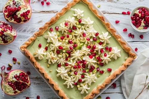 Square tart with pistachio ganache pomegranate seeds shortcrust pastry white chocolate filling on white table © VolumeThings