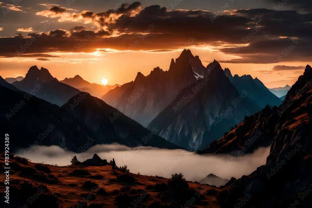 Majestic mountains framed by a panoramic sunset, a silhouette against the canvas of summer.