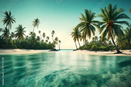 A tropical island panorama  palm trees swaying in the summer breeze against a clear sky.