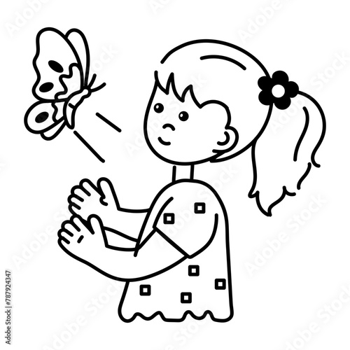 Cute doodle icon depicting catching butterfly 