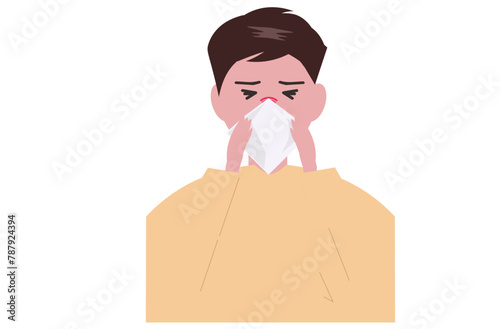 風邪をひいて鼻をかむ男性。ベクターイラスト