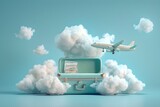 Suitcase with Plane Floating Among Wispy Clouds on Serene Turquoise Background