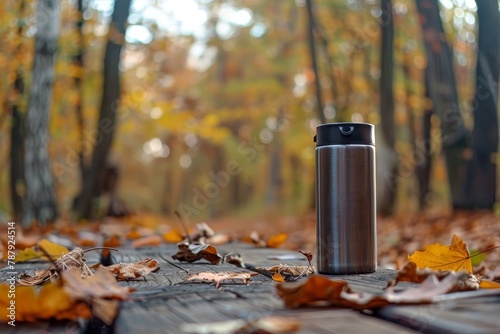 Steel thermos with hot tea in autumn forest on old wooden table with fallen leaves in focus blurred background