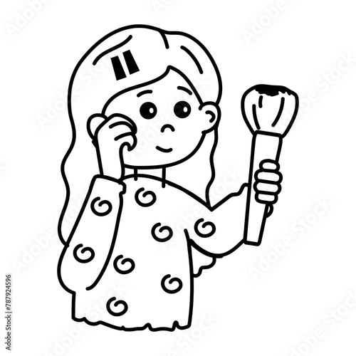 Cute doodle icon of girl applying blush 
