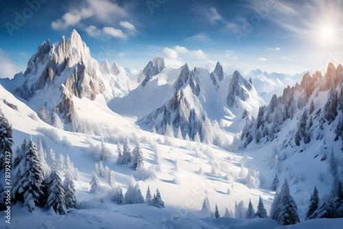 A panoramic canvas of snow-dusted summits, a tranquil alpine dreamscape.