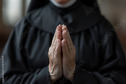 Nun with hands clasped in prayer, church, clean background