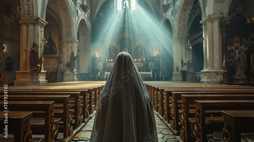 Nun in deep prayer, tranquil church interior, clear back