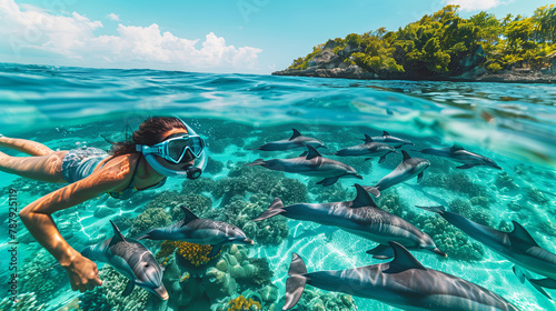 a woman snorkeling alongside a pod of dolphins in the clear blue waters of a tropical ocean photo