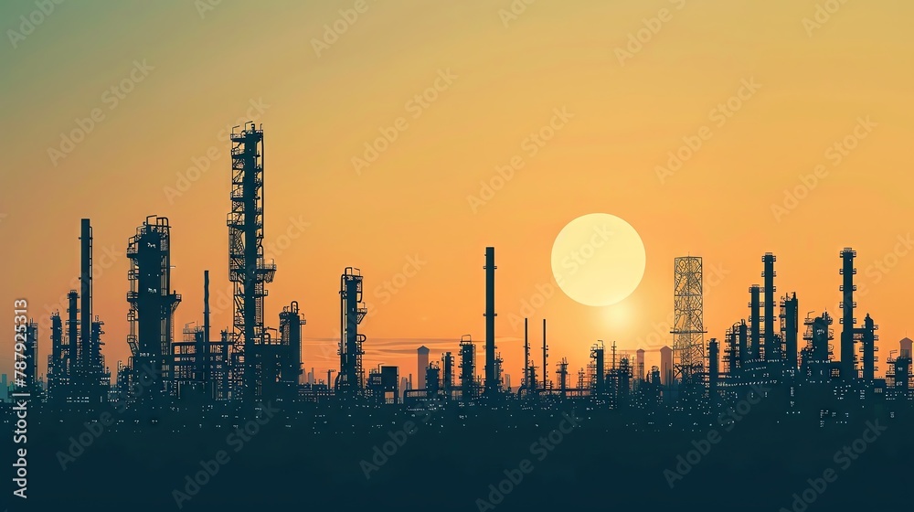 Silhouette of industrial landscape, clear sky, design space.