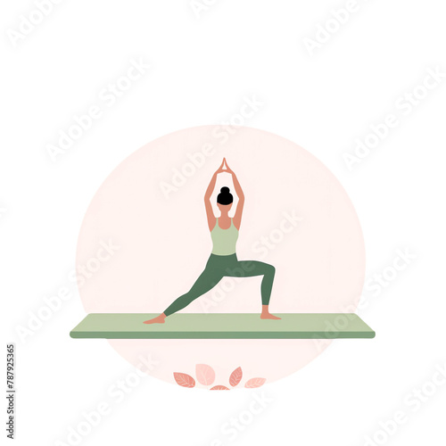 Flat illustration of a yoga pose, a woman doing the warrior II position on a mat