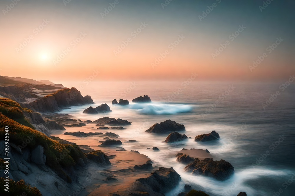 A coastal panorama at dawn, where the first light of summer paints the world in soft hues.