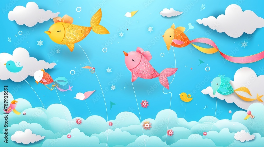 Cartoon illustration of Makar Sankranti, kite festival on a blue sky with clouds. Cute colorful paper toys in the shape of fish and birds flying in the wind.