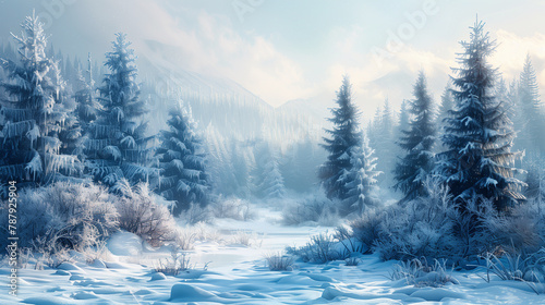 A tranquil illustration of a snow-covered forest in winter