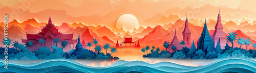 Welcome to Thailand travel poster  famous landmarks in paper cut style  space for text