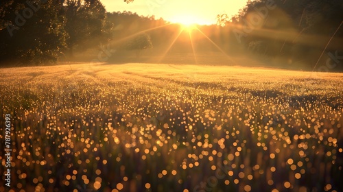  A golden sunrise casting long shadows on a dew-covered field. . 
 photo