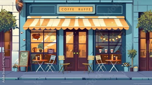 Modern illustration of an exterior of a coffee shop  cafe  or restaurant  with a door  an awning  a window  and a signboard  as well as outdoor seating and tables.
