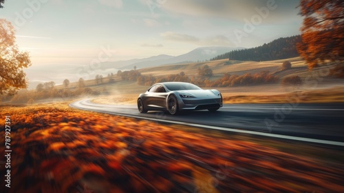 A white vehicle with Clouds as the background is driving down a mountain road with the Automotive parking lights on. AIG41 photo