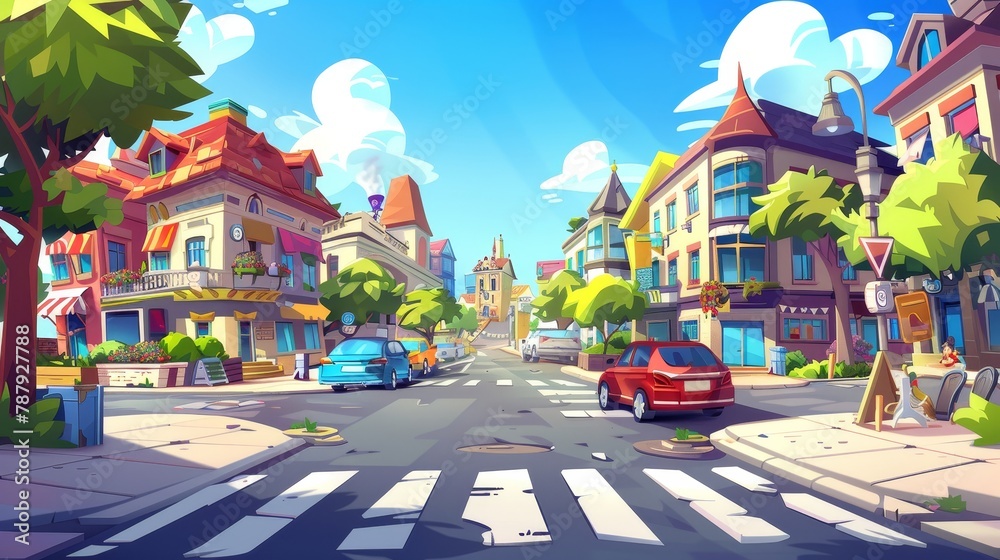 Urban landscape with houses, museums, markets, and vehicles on the road. Modern cartoon illustration of a city street with vehicles on the road.