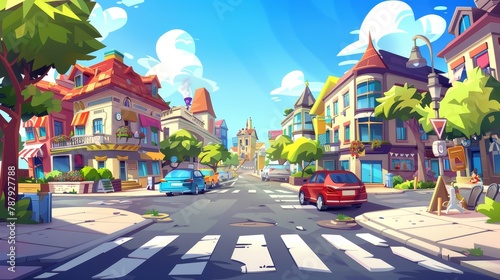 Urban landscape with houses, museums, markets, and vehicles on the road. Modern cartoon illustration of a city street with vehicles on the road.