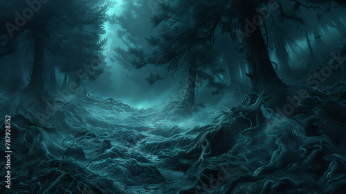 illustration of a dark and foreboding forest