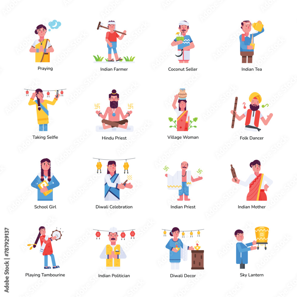 Collection of 16 Indian People Flat Character Icons 

