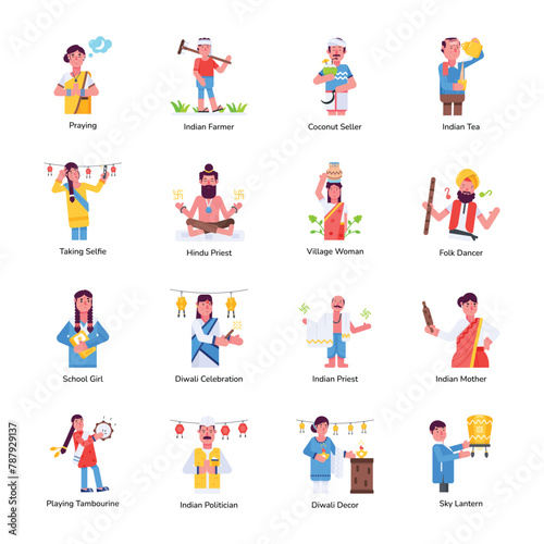 Collection of 16 Indian People Flat Character Icons