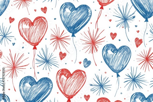 4th of July American National Day celebration, seamless pattern with heartshaped balloons and fireworks elements. Red white blue color scheme, hand drawn doodle style. White background.