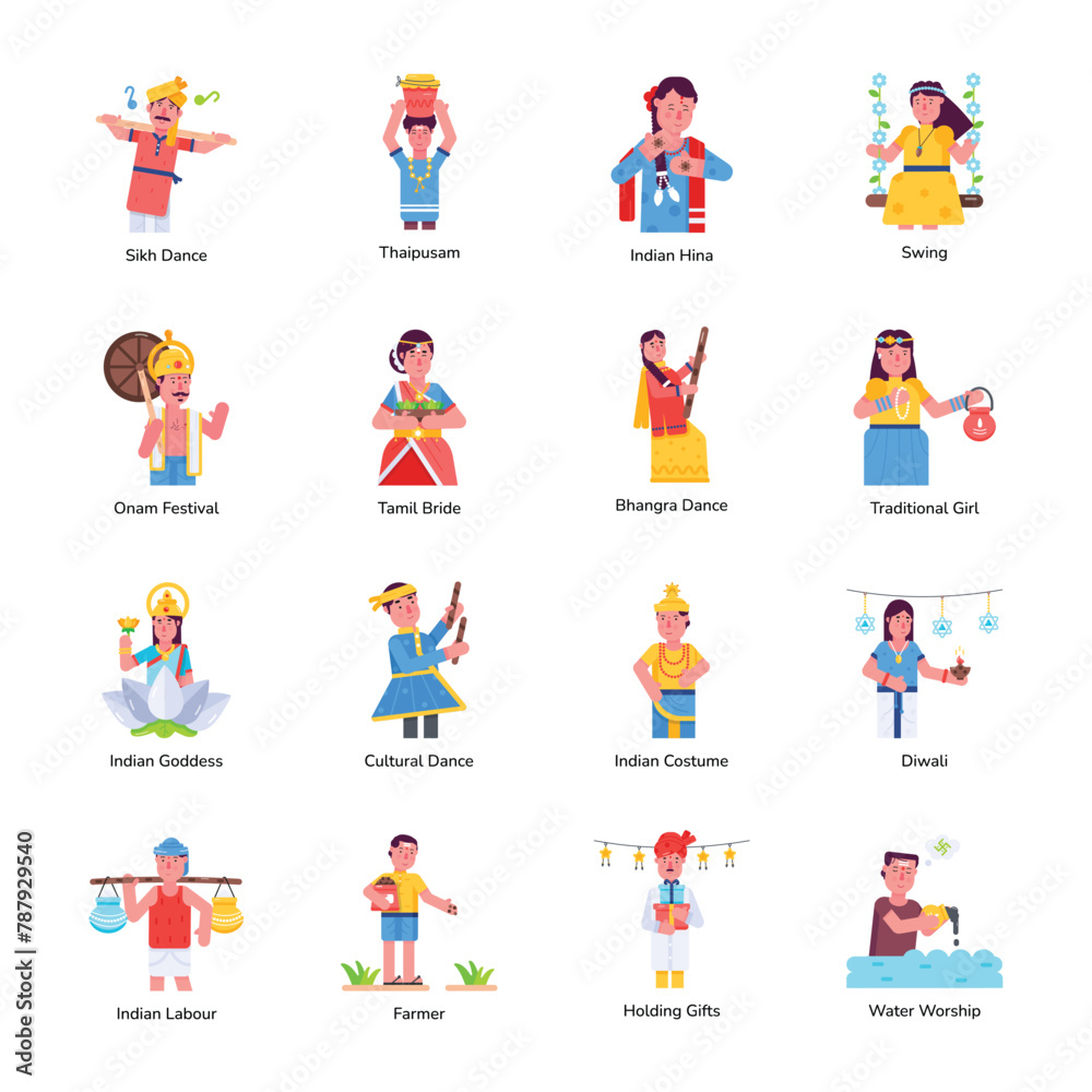Set of Indian Traditions Flat Character Icons 

