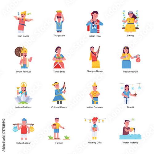 Set of Indian Traditions Flat Character Icons   