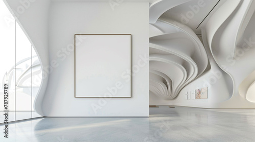  An art gallery boasting a blank wall frame, perfectly framed by the sleek, modern contours of its architectural surroundings, inviting contemplation photo
