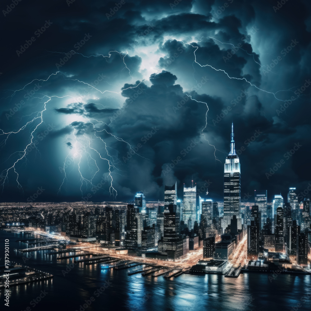 Dramatic Thunderstorm Over City Skyline with Lightning Illuminating the Night Sky