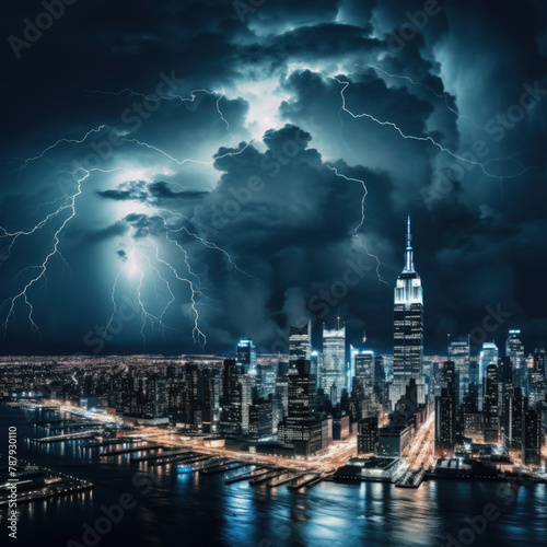 Dramatic Thunderstorm Over City Skyline with Lightning Illuminating the Night Sky