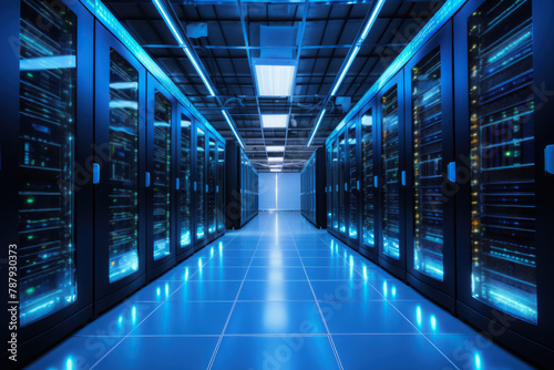  Futuristic Data Center with Rows of High-Powered Servers and Blue LED Aisle Lighting © KirKam